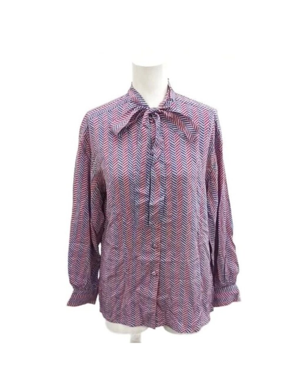 Dior Shirt Blouse Bow Tie Silk 100% Red Blue All Over Print Long Sleeve M